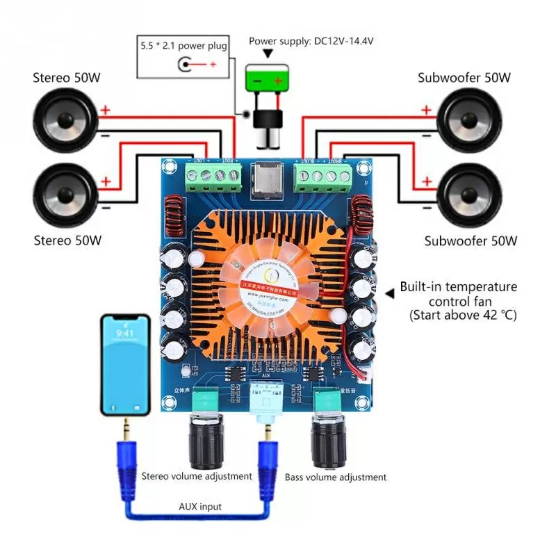 Усилитель звука 4 x 50 Вт чип TDA7850H - A373K с Bluetooth/A372 с Aux 4